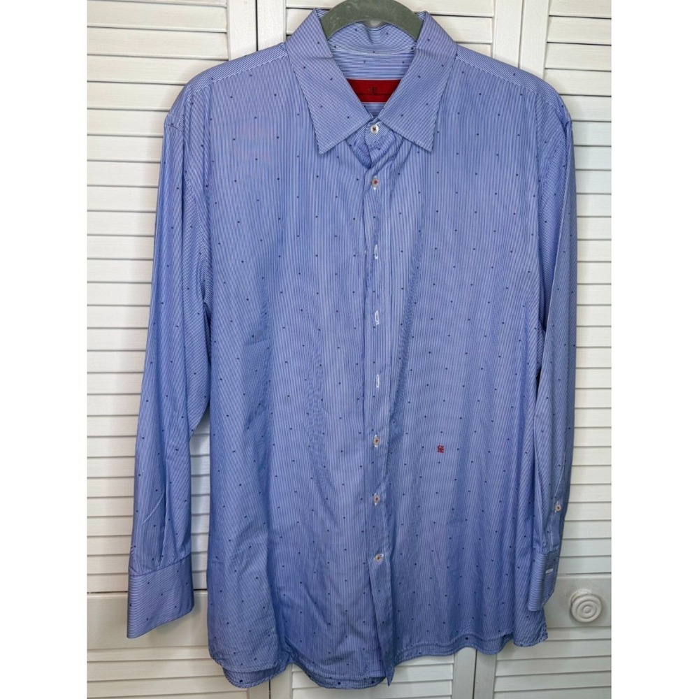 CH Carolina Herrera Shirt Mens 17 Blue Diamonds Luxury Designer Office Casual
